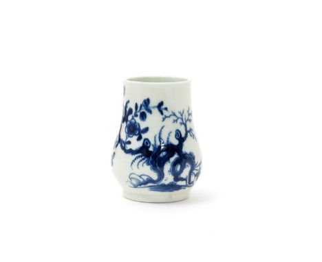 A Worcester blue and white mustard pot, c.1760-70, the baluster form painted with the Prunus Root pattern, blue crescent mark