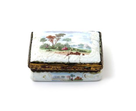 A small Bilston enamel shallow rectangular patch box, c.1780, painted with a shepherdess seated among her flock within raised