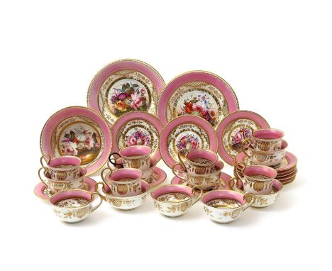 A Coalport part tea service, c.1820-30, painted with birds' nests containing eggs, before colourful arrangements of flowers, 