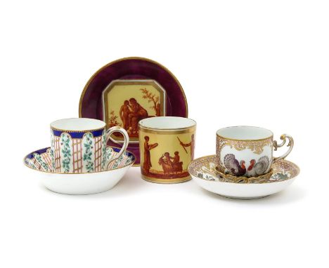 Three Continental porcelain cups or cans and saucers, 19th century, one Meissen and painted with birds including a cockatoo, 
