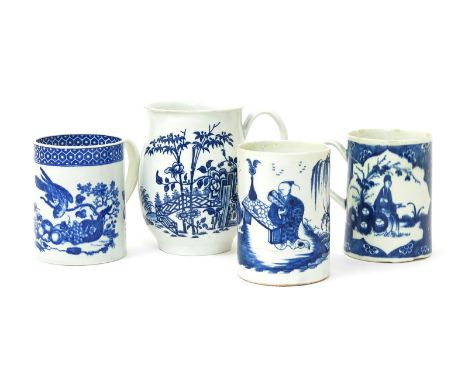 Four Worcester blue and white mugs, c.1765-80, three of cylindrical form, one painted with the Gardener pattern, one with the