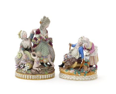 A Meissen allegorical figure group of The Broken Eggs, late 18th/early 19th century, modelled by Acier and Schönheit, a lady 