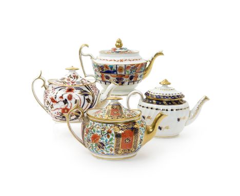 Four English porcelain teapots and covers, 1st half 19th century, including Spode and Worcester, three decorated in the Imari