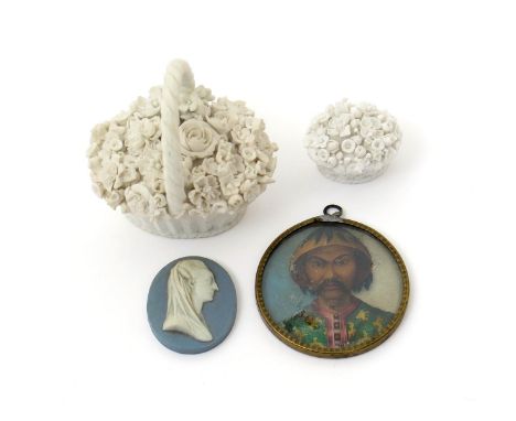 Two miniature biscuit porcelain models of baskets, early 19th century, one inscribed 'Cocker Derby' for George Cocker, a smal