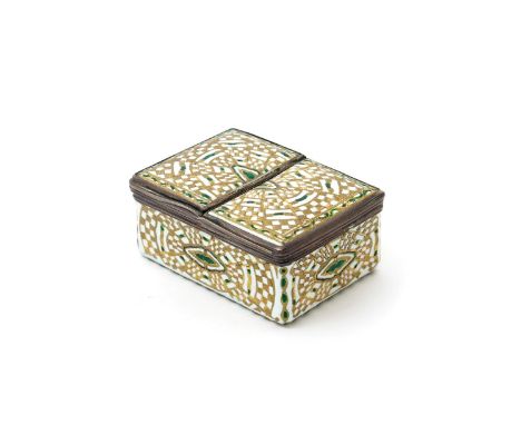 A good French enamel double snuff box, c.1745, perhaps by Antoine Leschandel, richly decorated with a web-like design in rais