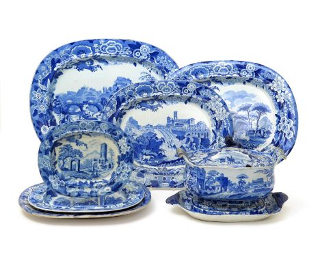 A Don Pottery blue and white transferware soup tureen with cover and stand, 19th century, and six matching meat dishes or cha