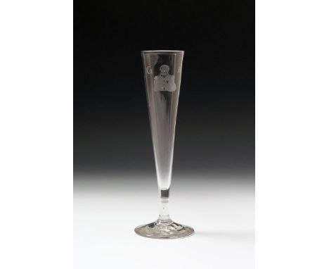 A tall glass flute, 1st half 19th century, the slender drawn bowl engraved with a portrait of the Prussian Field Marshal Gebh