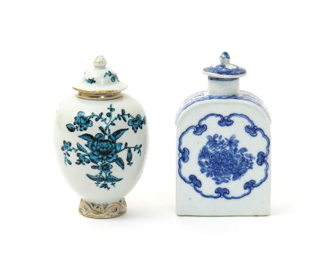 Two Chinese tea canisters and covers, 18th century, one ovoid and decorated in London with flower sprays in black and green, 