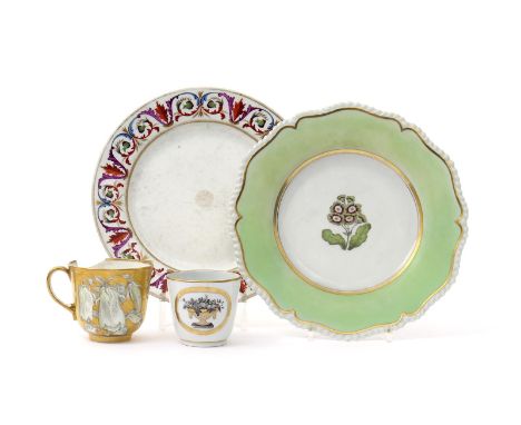 A Flight Barr and Barr Worcester botanical plate, c.1820-30, painted with a specimen of auricula within a shaped pale green b