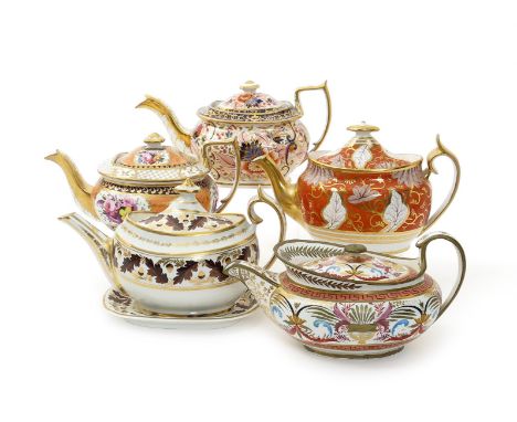 Five English porcelain teapots and covers, early 19th century, including Derby and Chamberlain's Worcester, variously decorat