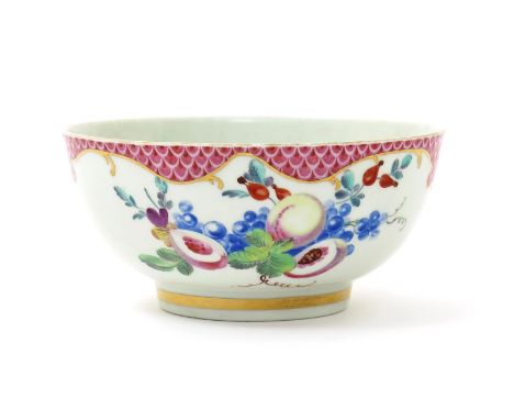 A Worcester slop bowl, c.1770, painted in the London atelier of James Giles with sprays of fruit and flower beneath a shaped 