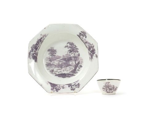 A Bow octagonal soup plate, c.1760-65, printed in purple with the Stag Hunt, the rim with three landscape vignettes, and a Bo