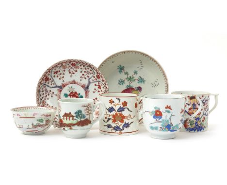 A small comparison group of teawares, 18th and 19th centuries, including a Meissen cup painted with a Kakiemon design of flow