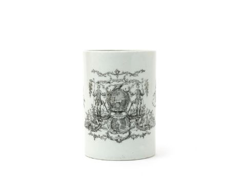 A Richard Chaffers (Liverpool) mug,  c.1760, printed in black with the arms of the Ancient and Honourable Society of Bucks, s