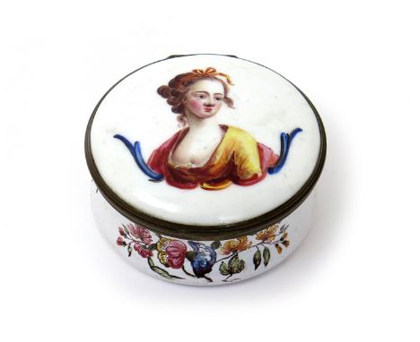 A Battersea enamel snuff box, c.1760-70, the circular form painted with the head and shoulders portrait of a lady wearing a y