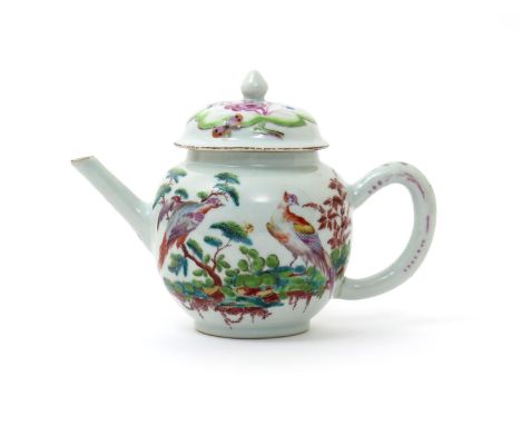 A London-decorated Chinese porcelain teapot and cover, 18th century, painted with fancy birds beside leafy shrubs, the cover 