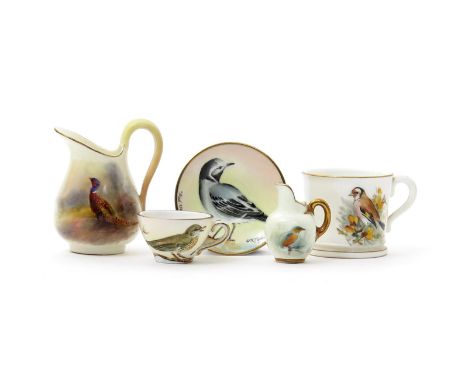 Two Royal Worcester miniature ornithological jugs and a mug, 20th century, one jug painted by James Stinton with a cock pheas