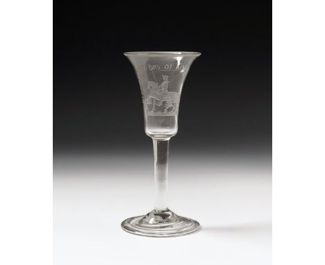 A Williamite wine glass, mid 18th century, the bell bowl engraved with an equestrian portrait of King William beneath a banne