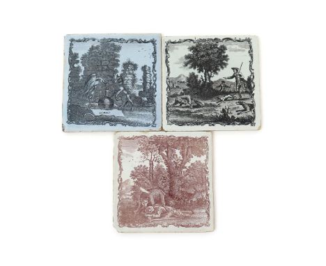 Three Liverpool delftware tiles, c.1775, printed with scenes from Aesop's Fables, one in reddish brown with The Bear and Two 