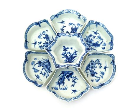 A rare Worcester blue and white hors d'oeuvres set, c.1758-60, comprising six petal-shaped dishes around a central star shape