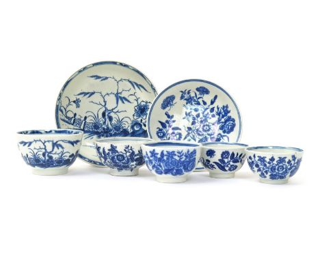 Four English porcelain blue and white teabowls, c.1760-70, Worcester, Caughley and Lowestoft, all printed with the Three Flow