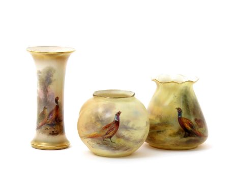 Three Royal Worcester small vases, date codes for 1910, 1914 and 1930, of varying shape, all painted by James Stinton with ph