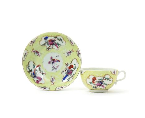 A Worcester cup and saucer, c.1765, painted with shaped panels containing exotic birds on branches, and with smaller panels o