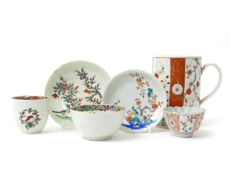 A small group of teawares in the Kakiemon and famille verte palettes, 18th century, including a Worcester coffee cup and teab