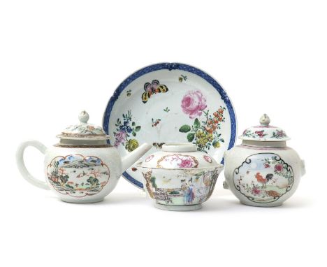 Two Chinese teapots and covers and a bowl with an associated cover, 18th century, one teapot painted with in the famille vert