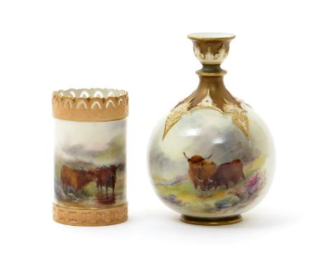 Two Royal Worcester small vases, date codes for 1911 and 1918, the first of cylindrical form (shape G689), the other of globu