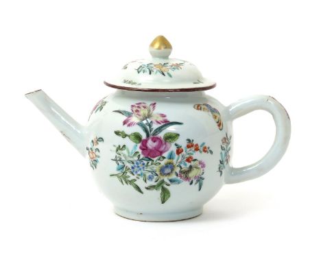 A Chinese porcelain London-decorated teapot and cover, c.1755-65, painted in the Giles manner with a butterfly and furry cate