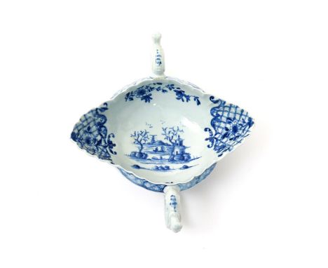 A large Worcester blue and white two-handled sauceboat,  c.1755, painted in the Two-Handled Sauceboat Landscape pattern with 