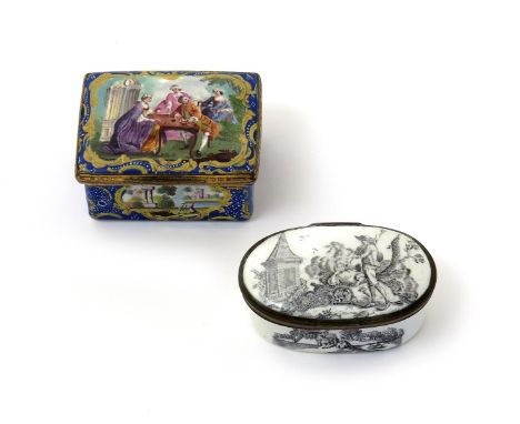 Two English enamel snuff boxes, c.1770, one rectangular and painted with figures seated and playing backgammon, within a scro