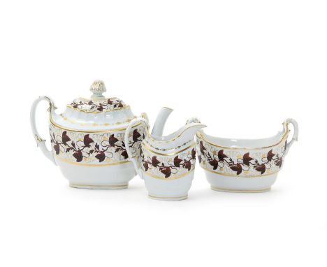 A Barr Worcester part tea service, c.1800, painted with a band of ivy in brown monochrome with gilt tendrils, incised B marks