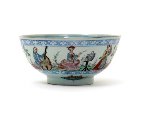 A Chinese porcelain Dutch-decorated bowl, Qianlong 1736-95, later-enamelled in Holland with a repeated scene of European musi