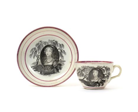 A commemorative pearlware mourning cup and saucer, c.1818, printed in black with a portrait of Princess Charlotte before weep