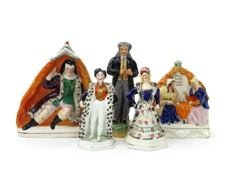 Five Staffordshire theatrical figures, 19th century, including a pair of porcelain figures of Luigi Lablache as Prince Charmi