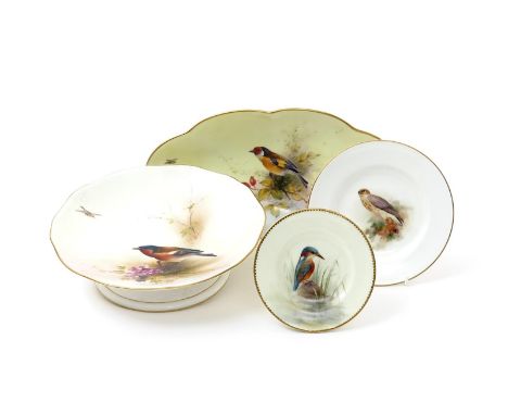 A Royal Worcester tazza and three plates, date codes for 1910, 1912, 1917 and 1932, variously painted with birds including a 