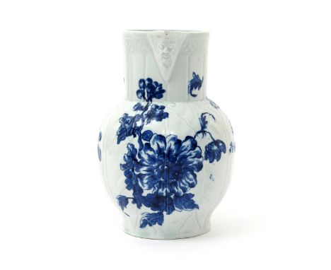 A Worcester blue and white cabbage leaf jug, c.1765-70, printed with three large naturalistic flower sprays of rose and peony