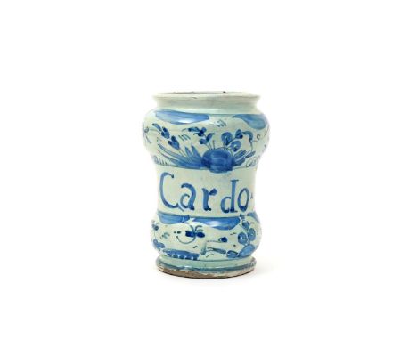 A Savona maiolica albarello, 1st half 18th century, of dumbell form, inscribed in blue with 'Car do Santo' between stylized f
