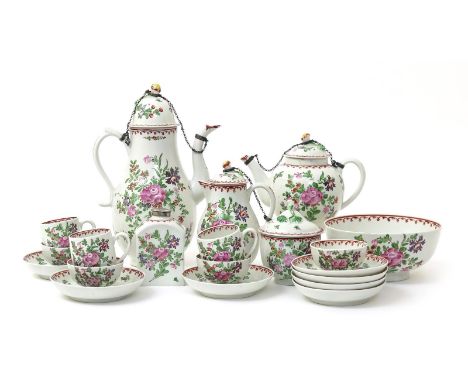 A Lowestoft part tea and coffee service, c.1780-90, painted with naive pink roses and other flowers within iron red stylized 