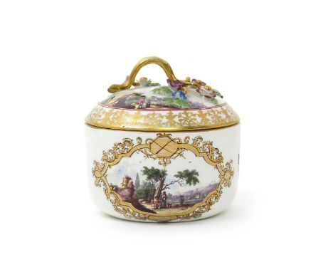 A Meissen sucrier or bowl and associated cover, c.1735-45, the base painted with scrollwork panels containing figures beneath