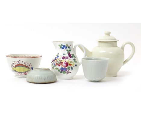 A small mixed group of ceramics, including a small creamware teapot and cover, an early Chinese box base in a celadon glaze, 