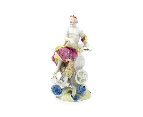 A rare Derby figure of Jupiter, c.1760-65, seated in a two-wheeled chariot beside a large standing eagle, holding a thunderbo