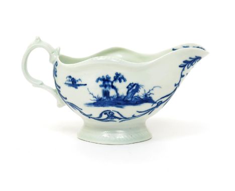 A rare Worcester blue and white sauceboat, c.1765, of plain shape, painted with the One Porter Landscape pattern, the lip and