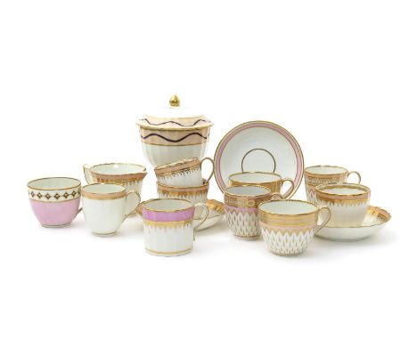 A small group of tea and coffee wares,  c.1800, mostly Derby, variously decorated with gilt formal and foliate designs on pin