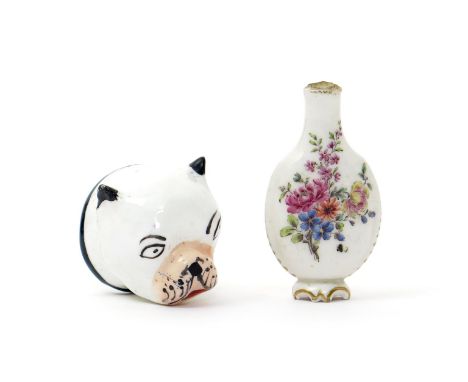 A Chelsea scent flask, 18th century, the flattened form painted with European flowers, raised on a shaped foot, and a Staffor