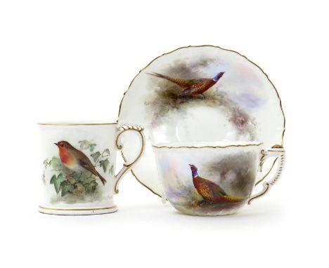 A Royal Worcester teacup and saucer and a small mug, 1911 and 1926, the cup and saucer painted by James Stinton with a cock p