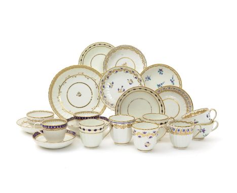Six Derby coffee cups and saucers, c.1800, two teabowls and saucers and a trio, variously decorated with foliate gilt borders