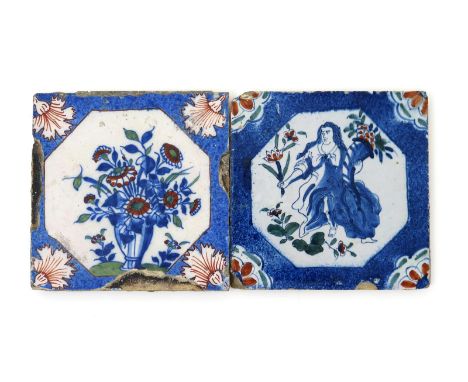 Two London delftware tiles, c.1720-30, painted in blue with red and green highlights, one with Ceres holding a cornucopia and